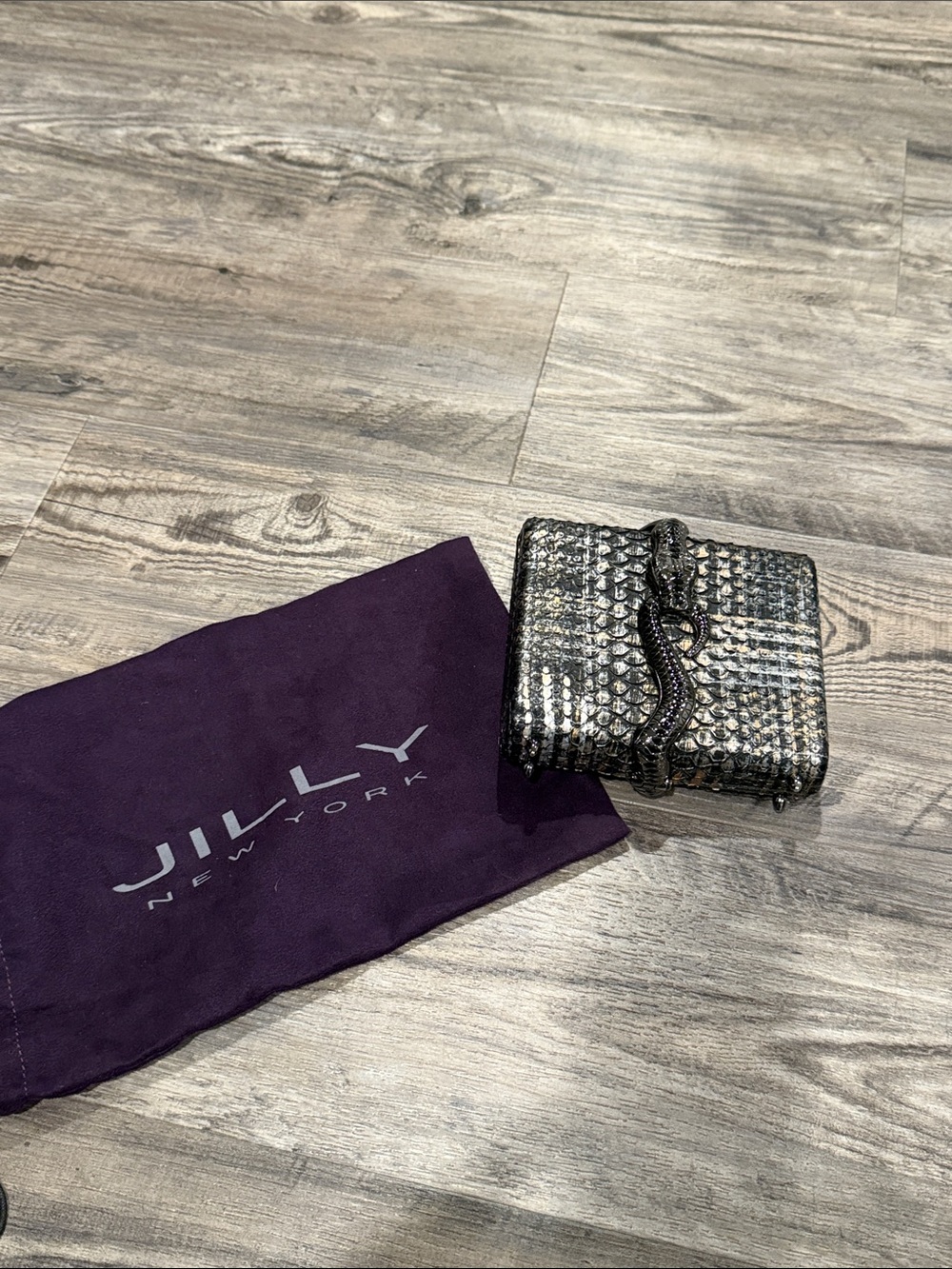 Jilly New York Black Metallic Exotic Skin Leather Clutch Bag w/ Dust Bag - Picture 2 of 9